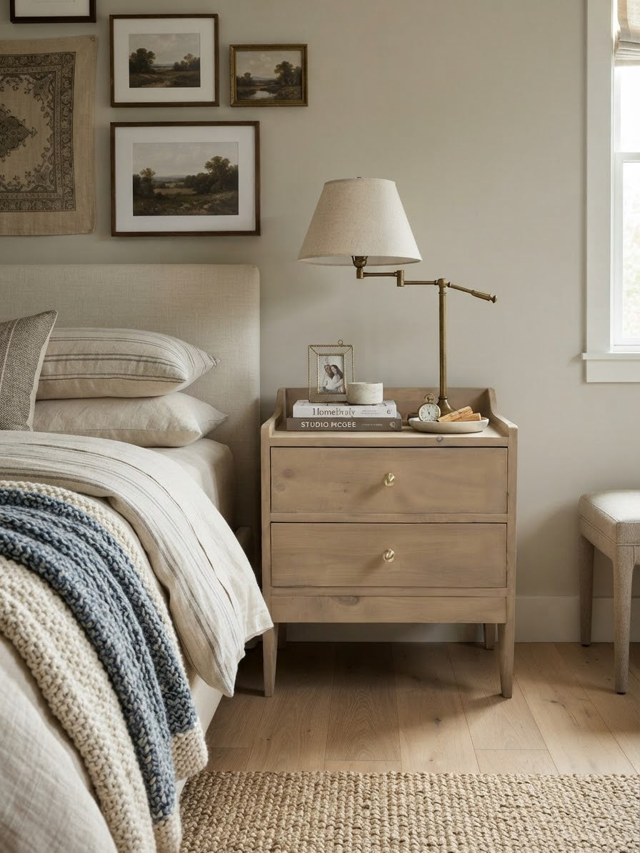 Galiano nightstand styled in a neutral bedroom with gallery wall